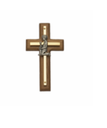 4.5&quot; BRASS AND WOOD WALL CROSS WITH CENTERED PEWTER FIRST COMMUNION BOY - £31.59 GBP