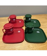 Tupperware Red Green Christmas Mugs Dessert Plates Coasters 4 1312 - $55.46 CAD