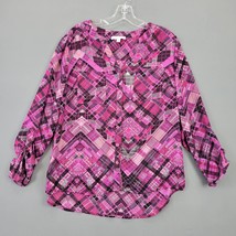 Notations Women Shirt Size M Pink Preppy Plaid Button V-Neck 3/4 Roll Tab Sleeve - £7.17 GBP