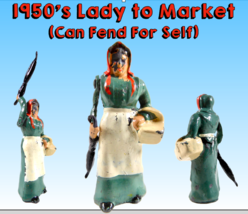 1950&#39;s Lady to Market, Articulated Metal Hollow Figure, Apron, Basket, Umbrella - $22.49