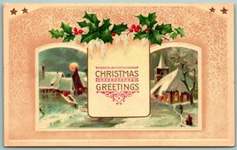 Christmas Greetings Holly Full Moon Small Town Scene UNP 1915 DB Postcard G12 - £5.24 GBP