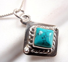 Very Small Turquoise Square Necklace Rope Style Accent 925 Sterling Silver - £12.91 GBP