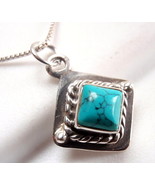 Very Small Turquoise Square Necklace Rope Style Accent 925 Sterling Silver - £12.73 GBP