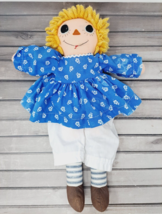 Blond Haired Raggedy Ann Doll 16&quot; Blue Dress Flowers Handmade Soft Plush Toy VTG - $14.36