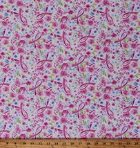 Cotton Pink Ribbon Floral Cancer Awareness White Fabric Print by Yard D650.10 - £9.35 GBP