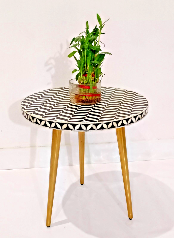 Handmade Bone Inlay Round Black Floral Side Table Bedside Stool - $315.00