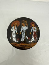 Vintage Black Lacquer Plate Asian women with hats and umbrella  - $12.82