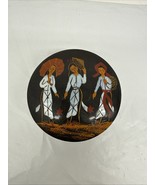 Vintage Black Lacquer Plate Asian women with hats and umbrella  - $236.25 MXN