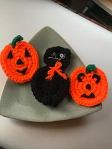 Lot of Black Crocheted Kitty Cat &amp; Two Orange Jack O’ Lantern Pumpkins Halloween - £7.62 GBP