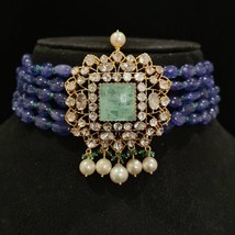 VeroniQ Trends-92.5 Silver Moissanite Pendant Choker Necklace in Sapphire Beads  - £392.27 GBP