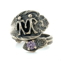 Vintage Sterling Signed SW Gemini Zodiac with Amethyst Spoon Wrapped Ring Band 7 - £51.75 GBP
