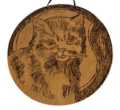 Round Flemish Pyrography Kitty Cat Wall Paque 7.75&quot; Vintage Early 1900 - £65.12 GBP