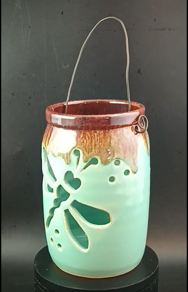 McNeill's Pottery Brown Drip Over Jade Dragonfly Lantern Signed "WW", OBO Item image 2