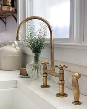 Antique Style, Unlacquered Solid Brass 8&quot; Bridge Faucet, Vintage Kitchen Sink Fa - £347.91 GBP+