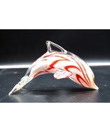 Hand Blown Art Glass Dolphin 5” Paperweight Murano Style White Orange Swirl - $557.00 MXN