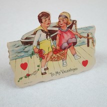 Vintage Valentine Card Cutout Stand Up Boy Sailor Suit Girl at Boat with Basket - £7.98 GBP