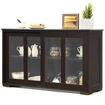 Brown Wood Buffet Kitchen Dining Sideboard Storage Cabinet w/ Glass Sliding Doo - £209.24 GBP