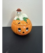 Vintage 80s Lefton Halloween Hand Painted Pumpkin &amp; Ghost Candy Containe... - $1,370.84 MXN