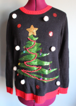 Holiday Time Women&#39;s Black/Red/Green Ugly Christmas Bling Tree Sweater ~S~ - £15.43 GBP