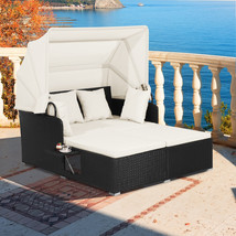 Patio Rattan Daybed Lounge Retractable Top Canopy Side Tables w/ White C... - $445.99