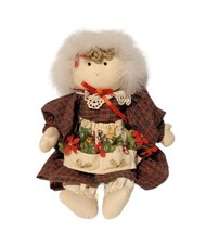 Handmade Christmas Fabric Doll Shelf Sitter Plaid Dress Holly Apron Gifts Poinse - $37.61