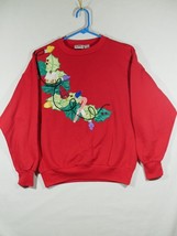 Vtg Koret Red Ugly Christmas Sweater Sweatshirt Med Holly Ornaments Lights - $19.99