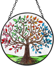 Tree of Life Stained Glass Suncatcher Four Seasons Theme Colorful - £25.63 GBP