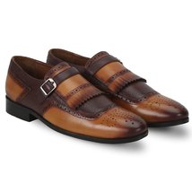 Monk Shoes Light Dark Brown Brouging Fringe Flap Men&#39;s Premium Quality Leather - £109.05 GBP