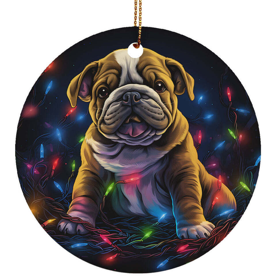Cute English Bulldog Puppy Dog Christmas 2024 Ornament Ceramic Xmas Gift Decor