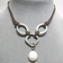 Sterling Silver Hammered Leather Links Pearl Adjustable Length Pendant Necklace - £36.52 GBP