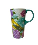 Tall Coffee Mug Birds Teal Porcelain Latte Tea Floral Purple Yellow 17oz - $241.04 MXN