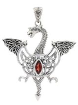 Jewelry Trends Celtic Flying Dragon Silver Pendant Necklace With Garnet 18&quot; - £109.96 GBP