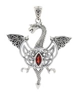 Jewelry Trends Celtic Flying Dragon Silver Pendant Necklace With Garnet 18&quot; - $190.93 CAD