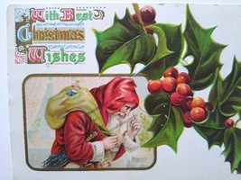 Santa Claus Vintage Christmas Wishes Postcard Holly Embossed 1908 Durant... - $15.68
