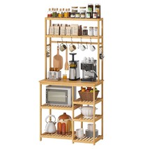 Bakers Rack Bamboo For Kitchen With 12 S-Shaped Hooks Coffee Bar Table Kitchen M - £131.91 GBP