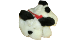Toy Works plush white black puppy hound dog lying down red bow tongue out 8-9" - $7.91