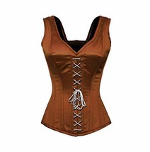 Womens Brown Satin Gothic Halloween Costume Overbust Corset with Shoulder Straps - £39.27 GBP