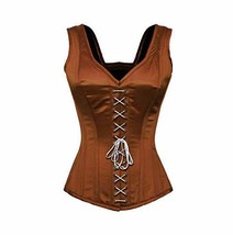 Womens Brown Satin Gothic Halloween Costume Overbust Corset with Shoulder Straps - £37.56 GBP