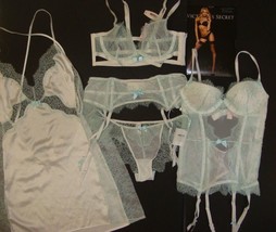 Nwt Victoria&#39;s Secret 34B Bra Set+Garter+Corset+Slip White Mint Blue Bridal I Do - £236.85 GBP