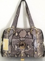 MICHAEL KORS FULTON LARGE DK SAND SNAKESKIN LEATHER GOLD LOGO SATCHEL BA... - $213.89