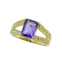 14k Gold Emerald Cut 1.40ct Genuine Natural Amethyst Ring with Diamonds (#J2363) - £359.62 GBP
