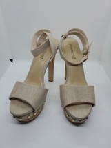 Alana by SHOEDAZZLE Linen fabric gold studded 5.5&quot; cork platform sandals, SZ 9 - £11.86 GBP
