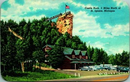 Castle Rock &amp; Parking Lot w Cars St Ignace Michigan MI Curteich Chrome Postcard - £3.87 GBP