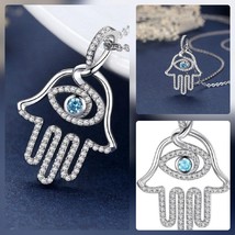 Necklace Charm Hand of Fatima Hamsa Eye Aqua Blue Stone Sterling Silver Khamsa - £19.35 GBP