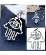 Necklace Charm Hand of Fatima Hamsa Eye Aqua Blue Stone Sterling Silver ... - £19.77 GBP