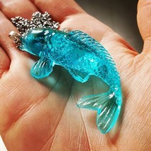 Unique Turquoise Koi Necklace Fish Miniature Carp Lucky Handmade Pendant Blue - $12.65