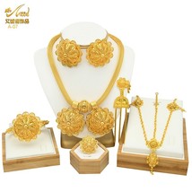 ANIID Dubai Ethiopian Flower Shape Plated 6pcs Jewelry Sets For Women Nigerian N - £42.60 GBP