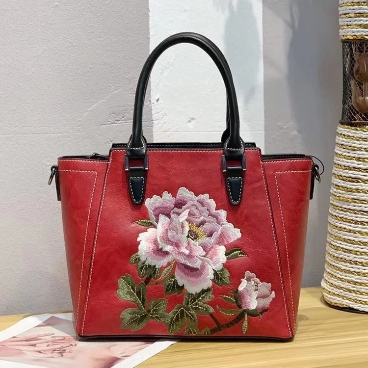  Women&#39;s Shoulder Bag Leather Hand Bags For Women 2024  Embroidery Flower Ladies - £64.74 GBP