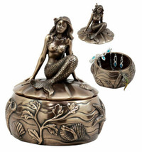 Wishing Mermaid Rounded Jewelry Box Figurine 5.5&quot;H Coastal Reed Marine Decor - £31.16 GBP