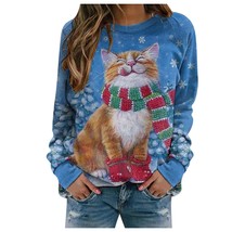  Cat  Print Round Neck Christmas Fashion Sweater Women&#39;s Print Long-sleeved Swea - £47.69 GBP